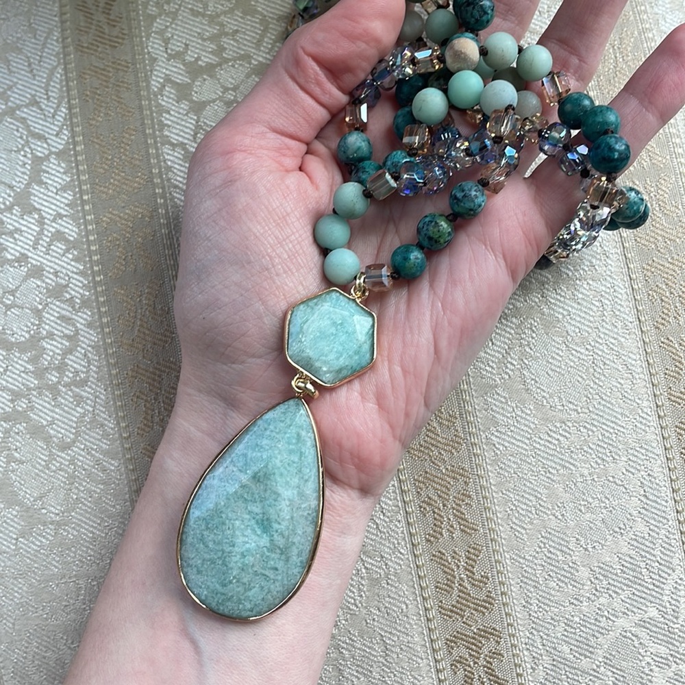 Amazonite gemstone necklace beaded pendant - Picture 11 of 17